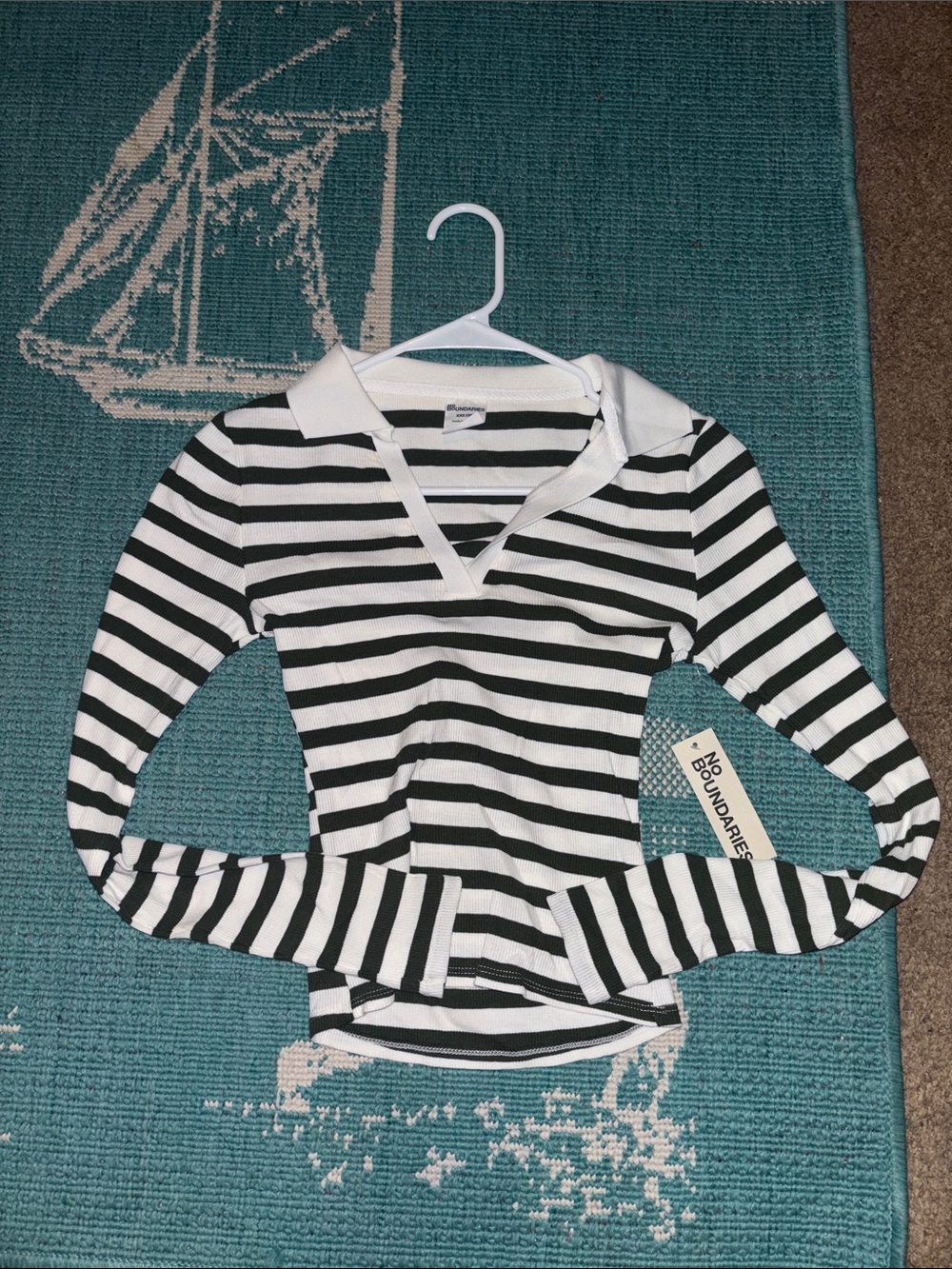 No Boundaries Black & White Striped Long Sleeve Polo Top